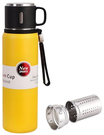 Water Bottle with tea strainer infuser Stainless Steel Bottle with a Mug Coffee cup,Vacuum Insulated Water Bottles, Thermal for Hot Drinks/Cold Drinks,24-Hr Insulation Commute (Yellow, 32 OZ)