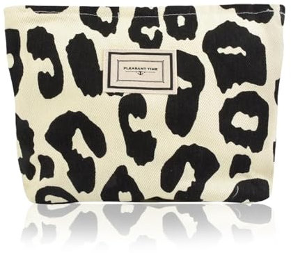 Nayyana Trousse de maquillage pour femme avec motif léopard – Grande capacité – Sac de maquillage en toile, pour voyage, trousse de beauté, accessoires – Beige+noir