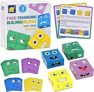 70PCS Ausdruck Holzwürfel Puzzle, Gesichter Puzzle Bauwürfel Ausdruck Holzpuzzle, Montessori Lernspielzeug für Kinder, Puzzle Bauwürfel Gesichter für Kinder