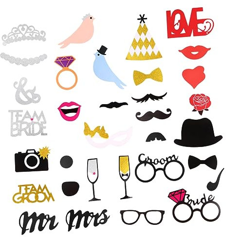KITANDOVE 1 Set 31pcs Wedding Party Photo Props Paper Wedding Signs Wooden Photo Holder Birthday Party Photo Props