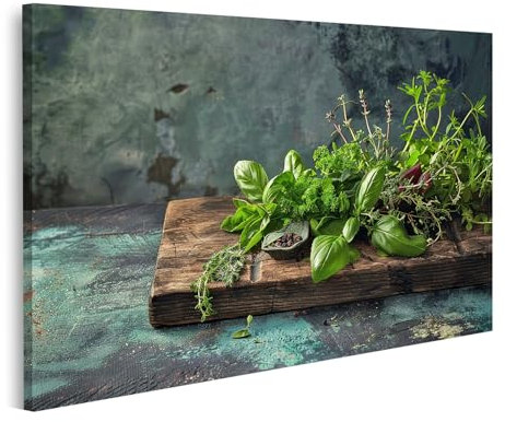 islandburner Bild auf Leinwand Frische Kräuter auf rustikalem Holzbrett für Küche Hobbyköche Feinkostgeschäft Bilder Wandbilder Poster