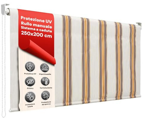 AVILIA Tenda da Sole a Caduta 200x250 cm con Rullo in Alluminio, Parasole Esterno a Righe Beige, Attacco Soffitto Incluso