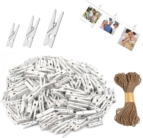 Deepton 150 Stück Holzklammern Klein Weiße, 2.5/3/3.5cm Mini Wäscheklammern Holz, Kleine Klammern mit 10m Juteschnur, Deko Fotoklammern für DIY Fotowand, Kartenhalter, Bastelprojekte & Partydeko