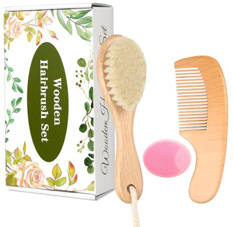 Baby Holzbürste und Kamm Set, 3er Set Weiche Ziegenhaarbürste mit Find-Zahnkamm und Wiegenkappenbürste für Neugeborene Kleinkinder Neugeborene Jungen Mädchen (Rosa)
