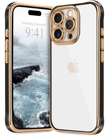 LAPOPNUT Case for iPhone 13 pro max, Clear Hard Back Cover, Black | Camera Protection,Acrylic TPU Bumper,Raised Corner Air Cushion Shockproof Protective,Luxury Plated Metallic Gold Edge Design