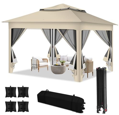 Fiqops Pavillon 3x3m Wasserdicht Stabil, GartenPavillion Doppeldach Pavillon, Metallrahmen Pavillon, Plane Partyzelt Gazebo für 2-4 Personen, Beige