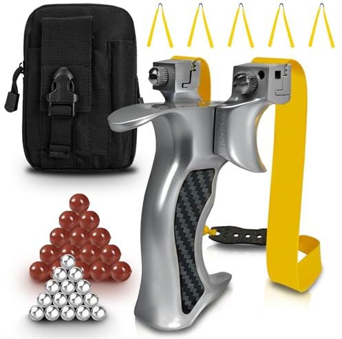 TOUYINGER Slingshot Set, Professional Catapult for Outdoor, Aluminium Alloy Slingshot With 6pcs Rubber Band + 400pcs Slingshot Ammo + Storage Waistbag