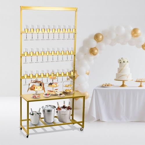 Julymoda Champagne Wall Holder for Party, Champagne Tower Stand with Storage Shelf and Swivel Casters, 4-Tier Metal Champagne Flutes Display Stand Hold 40 Glasses, Suitable for Wedding, Christmas
