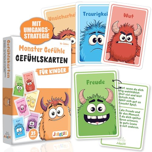Jubelux Gefühlskarten für Kinder Monster Emotionskarten Set zur Förderung von Empathie & sozialen Fähigkeiten - 35 Karten mit Erklärtext + Umgangstrategie (Gefühlskarten)
