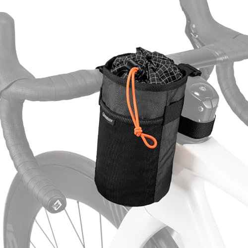 Qunature Sacoche Vélo Guidon Étanche 1L – Porte Gourde Isotherme pour VTT Route Bikepacking, Fixation 3 Points, Poche Latérale Élastique，Noir