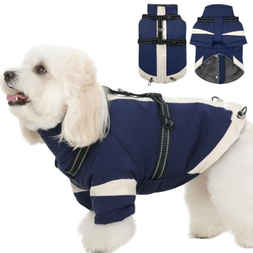 Hundemantel mit integriertem Geschirr, warmer Hundemantel mit Ärmeln, S | Reflektierender Pelzkragen, Geschirr für kleine Hunde bei Winterspaziergängen, wasserabweisender Schneeanzug
