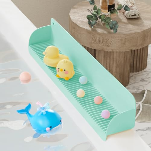 Bathtub Splash Guard for Kids – 60 cm / 23.6 Wide Silicone Toy Storage Tray – 10 Oversized Suction Cups – Hangable & Drainable (Green)