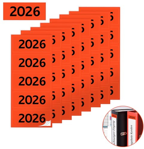 200 Stück Jahreszahlen Aufkleber 2026 Jahreszahl Etiketten 60×25mm Inhaltsschild Orange Ordner Aufkleber Selbstklebend Ordner Etiketten für Kennzeichnung Ordnern Unterlagen und Ablage
