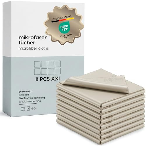 Bellphany 8er Set Brillenputztücher Mikrofaser - 30 x 30cm groß, Tuch Taupe | XXl Mikrofasertücher, Brillenputztuch Microfaser Optikerqualität, Display Reinigungstücher für Brille putzen, Handy, Kamera
