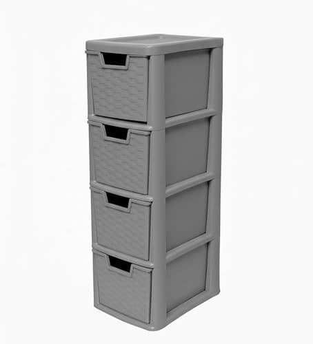 ELMORA'Z Drawer Plastic Storage Organizer Medium Tower Unit Chest Of Storage For Bedroom Kitchen Office Cosmetics Stationary Use Storage Drawer Table Tower Unit (4 Tier Rattan Grey)