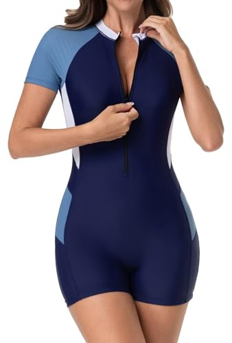 TERODACO Rash Vest Women Short Sleeve Half Zip One Piece Swimming Costume | Built in Bra Swimsuit Ladies UPF50+ Rash Guard Swimwear,Quick Dry Stretchy Breatahble