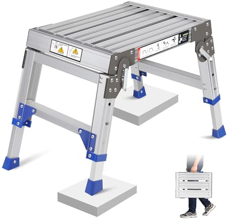 Plateforme de Travail Réglable en Aluminium, Repose-Pieds Réglable en Hauteur à 3 Positions (32-42 cm), Escabeau pour Maison, Bureau et Garage, Échelle à Marches avec Verrous de Sécurité