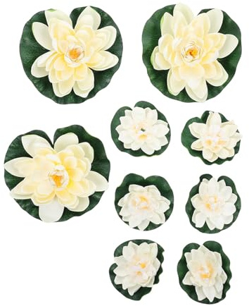 ELEOUTI 9pcs White Fake Lily Lotus Artificial Floating Water Lily Ornaments Made of Eva for Decorative Gardens and Courtyards with Realistic Leaves
