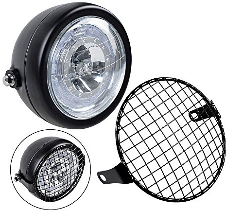 TASWK Motorcycle Retro 6.5 LED Headlight + Metal Mesh Grille Cover Cafe Racer Bobber