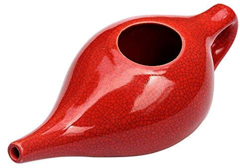 Olla Neti de cerámica para limpieza nasal con patrón agrietado | Olla Neti de cerámica con 10 sobres de sal de Neti | Tratamiento natural para senos nasales, infecciones y congestión (rojo)
