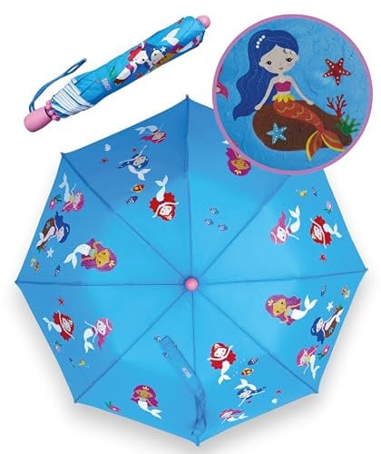 HECKBO Kinder Magic Regenschirm Meerjungfrau – wechselt bei Regen die Farbe – Mädchen Faltregenschirm: passt in jeden Schulranzen – mit Reflektorstreifen – Holzgriff, Schutzkappen & Schutzhülle