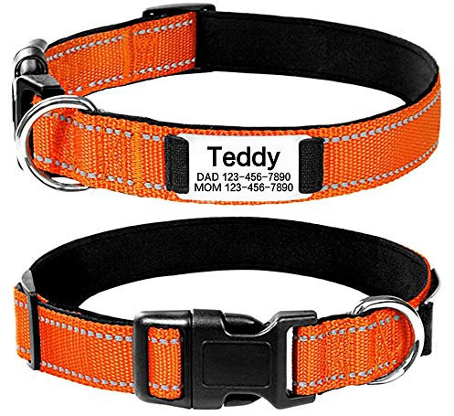 Oncpcare Personalisiertes Hundehalsband, individuelle Gravur mit Haustiername und Telefonnummer, reflektierend besticktes Hundehalsband