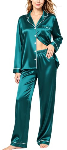 SWOMOG Women's Pyjama Set Silk Satin Long Sleeve Button Down Pyjamas Two Piece Comfy Sleepwear and Loungewear Set Green