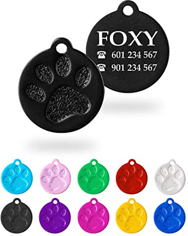 Ibera Gifts - Chapa Perro Grabada Redonda con Huella, Placa Personalizada para Perros y Gatos Pequeños a Medianos, Tamaño 26 x 23 mm, Chapa Identificativa (Negra)