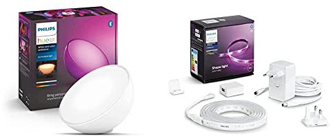 Philips Hue Go Lámpara de Mesa Inteligente LED, Bluetooth, Luz Blanca/Color + Lightstrip Tira Inteligente LED 2 m, Bluetooth, Luz Blanca/Color, Compatible con Alexa y Google Home (incl. alimentador)