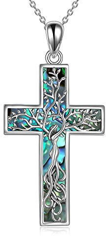 YAFEINI Kreuz Baum des Lebens Halskette Sterling Silber Abalone Muschel Baum des Lebens Anhänger Damen Schmuck, Metall