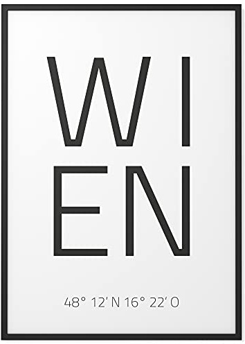 Papierschmiede® Geo Poster Koordinaten Wien, A4 Gerahmt im Holzrahmen (schwarz), Stadt Bild als Wanddeko für Wohnzimmer Schlafzimmer Küche Esszimmer, Hauptstadt Österreich