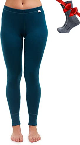 Merino Wool Base Layer Womens Leggings 100% Merino Thermal Underwear Pants for Women Midweight + Wool Socks (Large, 250 Deep Teal)