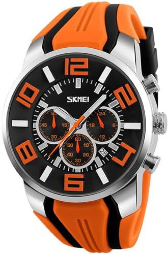findtime Sport Uhr Herren Chronograph Militär Uhr Analog Quarz Silikon Armbanduhr für Männer Jungen Große Zahlen Datum Timer Herrenuhr Orange