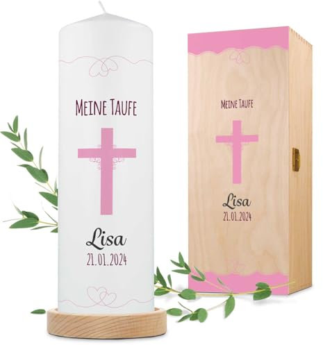 GRAVURZEILE Taufkerze Kreuz mit Namen, Datum & Taufspruch - Hochwertige Stumpenkerze 250/80 mm brilliant bedruckt - Personalisiertes Taufgeschenk für Mädchen & Jungen - Weiß Farbe Mädchen