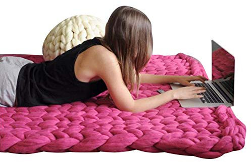 MEISISLEY Plaid Tricot Grosse Maille Plaid Grosse Maille Plaid Tricot Couverture De Canapé en Laine Grossière Tissée À La Main Plaid Laine Grosse Maille Plaid 80X100,Rose Red
