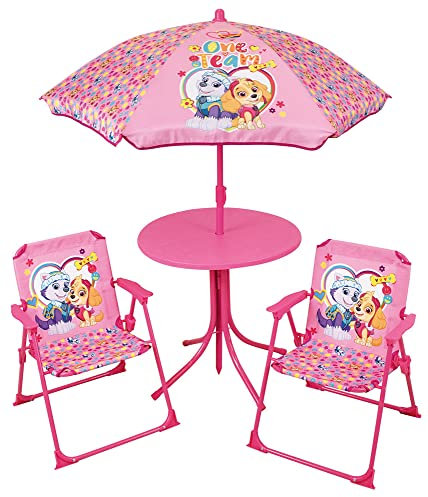 FUN HOUSE | Salon De Jardin Pat Patrouille Stella & Everest Rose pour Enfant | Table Ø46 Cm + 2 Chaises + Parasol Ø100 Cm | Licence Officielle | Mobilier Extérieur Pliable | Idée Cadeau Dès 3 Ans