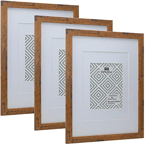 Bilderrahmen aus Holz, A3, 3 Stück, mit doppelten Passepartouts für A4 oder 15,2 x 20,3 cm, 3 Stück mit Plexiglas-Vorderseite für Wanddekoration …