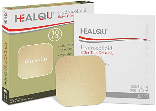 Healqu Apósito hidrocoloide para heridas, 6 x 6 pulgadas de grosor, caja de 10 vendajes grandes, abrasiones y más, impermeables y absorbentes con protección