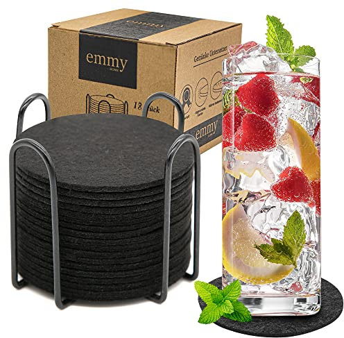 Emmy Home Filz Untersetzer 2x18er Set Schwarz mit Metallhalter – 36 Runde Glasuntersetzer 3 mm Tassenuntersetzer Bierdeckel für Bar Küche Büro Modern & Ideal als Geschenkset