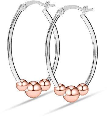 LeCalla 14K Rose-Gold Plated 925 Sterling Silver Light-Weight Oval Two-Tone Earring Hoops Jewelry Bead Ball Hoop Earrings for Women