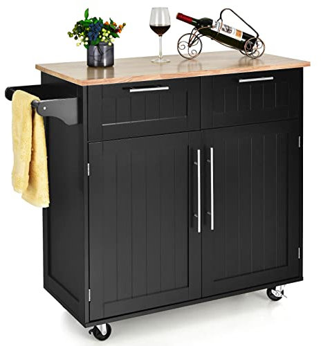 COSTWAY Dessertes Îlot Central Cuisine avec Table 4 Roues Universelles Porte-Serviettes, Desserte avec 2 Tiroirs et Grand Placard de Rangement Épices, 94x41x94cm (Noir)
