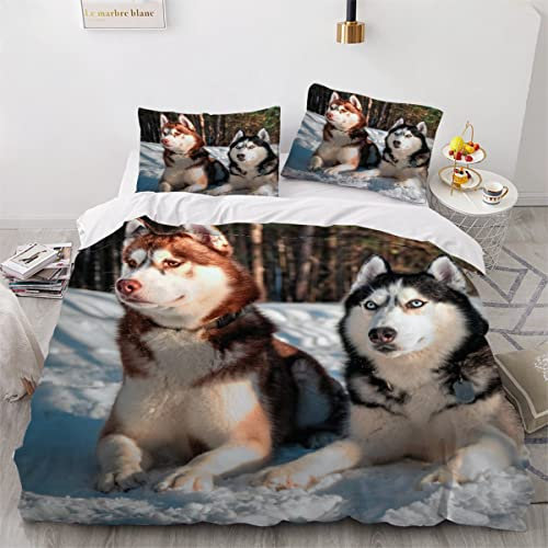 Bettwäsche 135×200 3D-Digitaldruck 2teilig Husky-Hunde Bettwäsche-Sets Kinder Mikrofaser mit Reißverschluss Tiere Muster Soft Jungen Mädchen Bettwaren Bettbezug mit Kissenbezug 80x80 cm