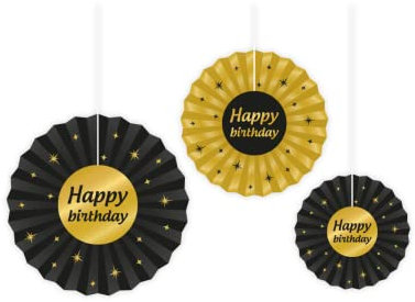 PD-Party - Happy Birthday Papierfächer für Geburtstag - Deko Geburtstag - Happy Birthday Dekoration - Schwarz Gold Deko - Party Deko - Geburtstag Junge & Mädchen - Fächer Geburtstag - 3 Stück
