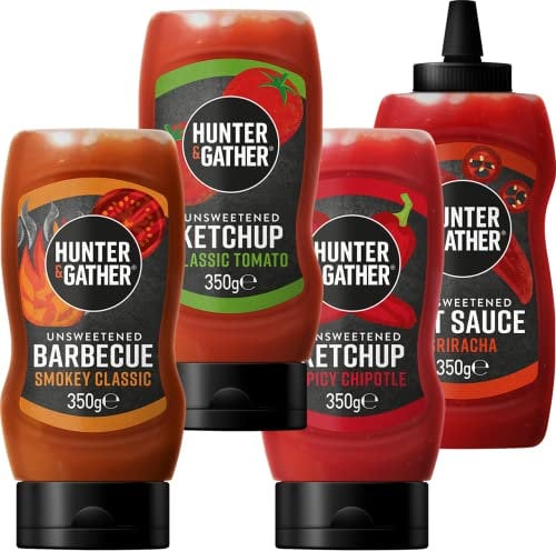 Hunter & Gather Unsweetened Sauces 4 x 350g | Classic Ketchup, BBQ, Spicy Ketchup & Hot Sriracha Sauce, Keto, Paleo, Low Carb & Vegan Friendly | Free from Added Sugar & Sweeteners