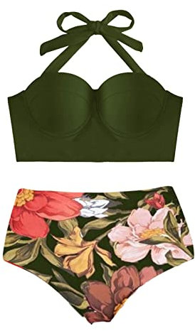 Damen 2-teilige Badeanzüge Neckholder-Bikini-Set mit Cover-Up-Rock Armbanduhren Watch