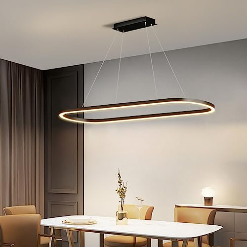 Bellastein Moderne Esstisch Pendelleuchte LED Dimmbar Hängelampe Oval Höhenverstellbarer Kronleuchter mit Fernbedienung für Esszimmer Küchenlampe Blendfrei (Schwarz, L120cm)
