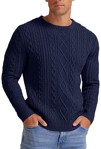 Hisir Men's Winter Cable Knit Jumpers Casual Crew Neck Thick Warm Long Sleeve Sweater Pullover Tops for Men UK (Navy Blue, M)