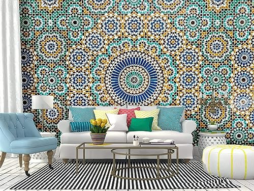 GIVLWF Papier Peint Panoramique de Tuile Vintage Marocaine, Fleur De Mandala Colorée Déco de La Maison - Pour Salon Chambre D'enfant Décoration Murale 150 x 70 cm