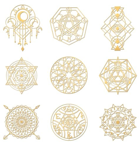OLYCRAFT 9 Stück 4x4cm Magische Kreisaufkleber Okkulte Symbolaufkleber Selbstklebende Goldene Metallaufkleber Fantasy Thema Metallaufkleber Für DIY Basteln Telefondekoration