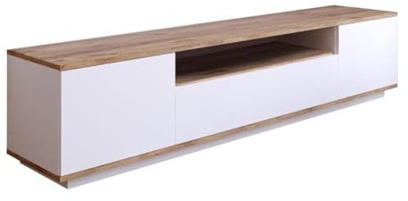 Vente-unique-Mueble TV con 3 Puertas y 1 Estante - Blanco y Natural - LOTULA